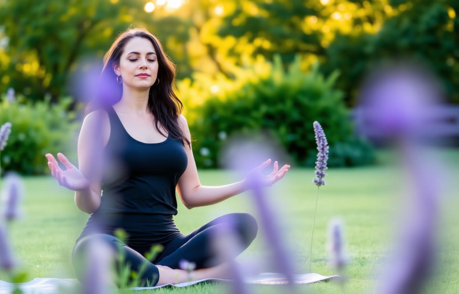 Woman meditating in a peaceful garden at sunrise